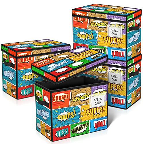 Leffis 4 Pack Comic Book Storage Box, Comic Book Box Collapsible and Stackable Comic Short Box, Heavy Duty Comic Book Bin with Lid and Label Slot, Holds 150 Comics
