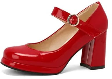 Classico Vernice Verde Blu Navy Punta Chiusa Signore Maturo Ufficio Pompe Cinturino Fibbia Vintage Donne Mary Janes Scarpe Tacchi Block, Rosso, 37 EU