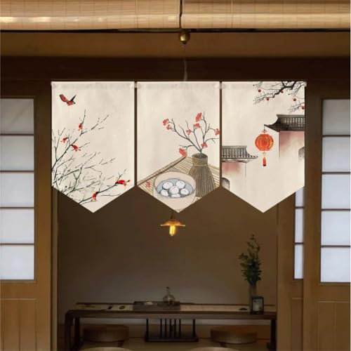 Hiseng 3pcs Japanischer Stil Noren Leinen Kurze Vorhänge Türvorhang Raumteiler Tapisserie für die Heimtextilien Raumteiler für japanische Sushi-Bar, Dekoration (50x80cm,Blumen)