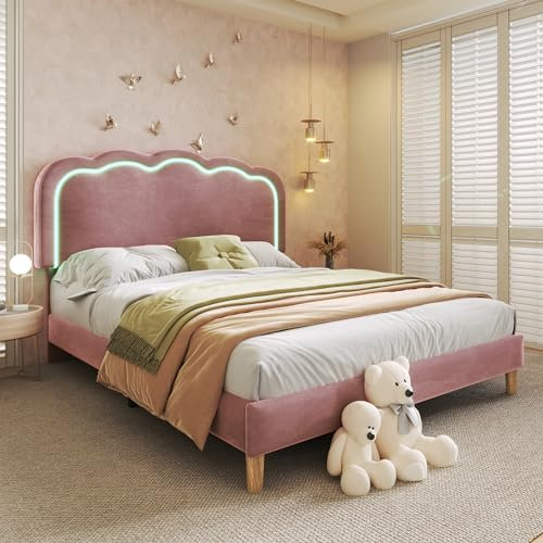 Merax Kinderbett Polsterbett 140x200cm, Doppelbett Bettgestell mit Lattenrost & Verstellbares Kopfteil, süßes Jugendbett mit LED-Kopfteil in Puff-Form, Bettrahmen, Leinenmaterial, ohne Matratze, Rosa