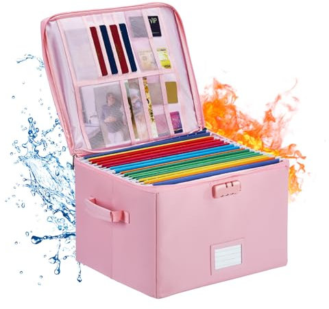 Fireproof Document Box, Fireproof File Box with Lock, Collapsible File Storage Box with Zippers and Inserts Bag, Portable Home Office Safe Box for Letter/Legal Folder Pink(Not include Dividers)