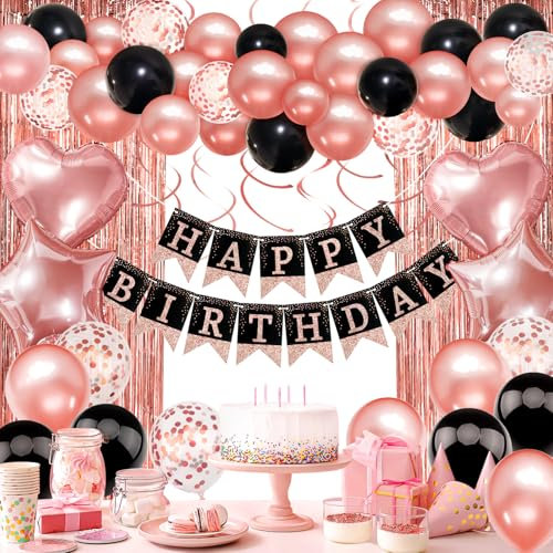 Rose Gold Black Birthday Decorations - Happy Banner, Confetti Balloons, Fringe Curtain, Heart Star Foil Balloons, Hanging Swirls for Women Girls Princess Party