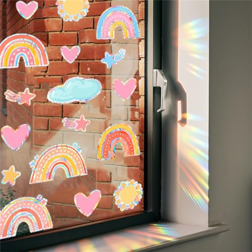 Ueiwffzo Regenbogen Fensterbilder Kinder Prisma Fensteraufkleber, Regenbogen Suncatcher Sticker Fenstersticker, Fensterfolie Regenbogeneffekt Fensterdeko für Kinderzimmer Wohnzimmer