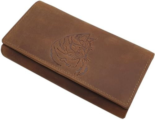myledershop Große Büffel-Vollleder Damen Geldbörse/Geldbeutel/Portemonnaie/Geldtasche mit Katzen-Motiv und RFID & NFC Schutz in Cognac