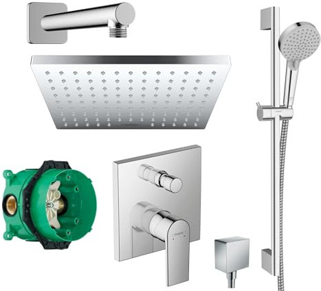 Hansgrohe Duschsystem mit Unterputz Duscharmatur von Hansgrohe Regendusche mit Armatur, Duschkopf eckig, Wandarm Dusch-SET HGK11 poliert