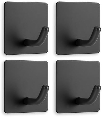 Mondoshop Self Adhesive Hooks for Hanging - Stainless Steel Stick on Hook Max 5kg, Adhesive Wall Hooks for Bathroom, Kitchen, Black, 4 Pack