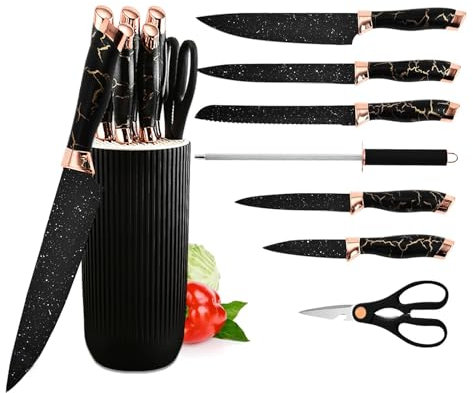 Justup Messerset, 8-teiliges Küchenmesser Set mit Rundem Messerblock, Sharp Edelstahl Messer Set mit Schärfer, Professionelle Kochmesser Set für Zuhause, Restaurant, Wohnung (Schwarz)