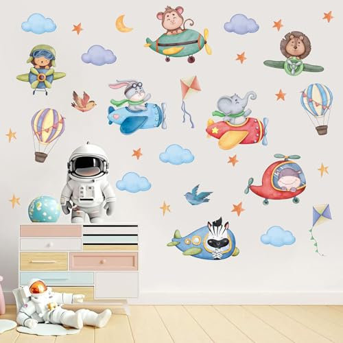 HPNIUB Tier Wandtattoo,Wandaufkleber Kinderzimmer Lichtfarbe,134x40cm (BxH),Tiere Babyzimmer Wandsticker,DIY Zirkus Giraffe Hase Wandaufkleber für Junge Mädchen Schlafzimmer Wanddeko (Flugzeug)