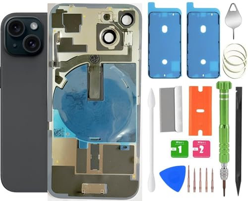 ALOCHSHOW 15 Back Glass Replacement with Wireless Charging Flex Cable, Camera Frame All Parts for iPhone 15 (6.1 Inch) Back Glass Replacement with Kit and Waterproof Tape (Black)