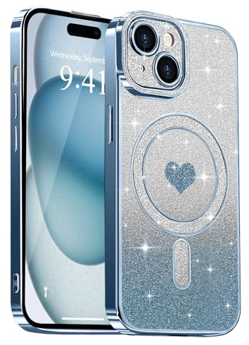 Lafunda Magnetic for iPhone 15 Case Glitter, Blue | Compatible with Magsafe, Luxury Plating Sparkle Cute Heart Pattern Case for Women Girls, Glossy Soft TPU Shockproof Cover