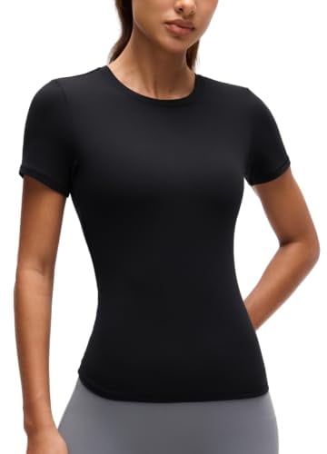CRZ YOGA Softembrace High Crew Neck T-Shirt | Workout, Ultra Soft, Tight Fit, Waist Length, Short Sleeve Tops for Women
