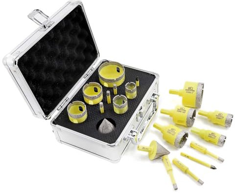 Brocas Diamantadas Juego de 10-6/6/6/20/25/32/35/50mm con Vástago Triangular, Fresa de Biselar 35mm y Broca de Carburo 6mm para Porcelana, Azulejos, Mármol, Granito