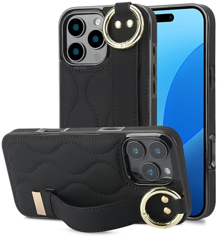 Kainevy for Apple iPhone 16 Pro Max Case Silicone Leather with Wrist Strap Stand Ring for Women Girls Cute Aesthetic Trendy Cover Heavy Duty Rugged Soft Phone Case for iPhone 16 Pro Max (Black)