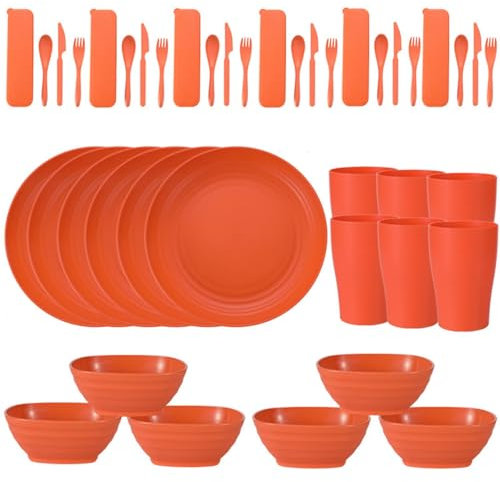 Lot de 42 assiettes et bols incassables en plastique pour 6 personnes - Assiettes plates, bols à céréales, tasses, couverts, camping en plein air