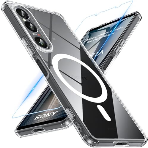 Hensinple für Sony Xperia 1 VII Hülle mit Panzerglas, Kompatibel mit Mag-Safe, [Nie Vergilbung] Transparent Magnetisch Stoßfest Handyhülle für Xperia 1 VII Hülle (Transparent)