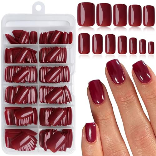 LunarCharm 240 pièces de faux ongles bordeaux à presser, ongles courts artificiels, formes carrées, en acrylique, embouts d'ongles à presser, couverture complète, ongles artificiels
