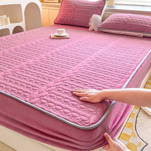 KnSam Fitted Sheet and 2 Pillowcases – 150 x 200 cm – Rose Red – Velvet Bedding Set, Floral Pattern, Quilted Fitted Sheet, Warm, Soft, Comfortable