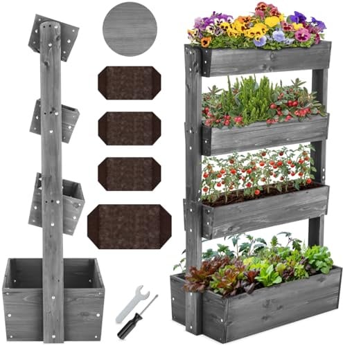 tectake® Vertikalbeet mit 4 Etagen, Hochbeet aus Holz, Pflanztreppe, Hochbeet Balkon, Blumenbeet, Kräuterbeet, Gemüsebeet, Pflanzenregal, Blumenkasten Holz mit Pflanzvlies - grau, 85 x 45 x 140 cm