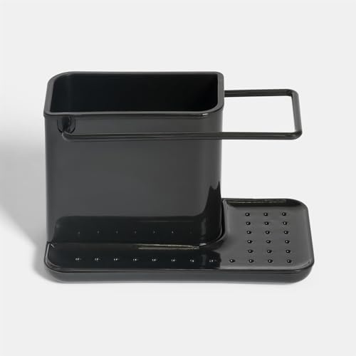 OHS Kitchen Sink Organiser with Draining Tray, Tidy Organiser Brush Sponge Holder Sink Caddy with Cloth Hanger Washing up Utensil Caddy for Countertop Kitchen Storage, Black