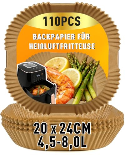 Backpapier für Heißluftfritteuse 4.5-8L, 110 Stück Airfryer Backpapier 20-24cm, Antihaft Wasserdicht Ölfest Pergamentpapier Liner für Philips Ninja Hobbs Russell Cosori Airfryer