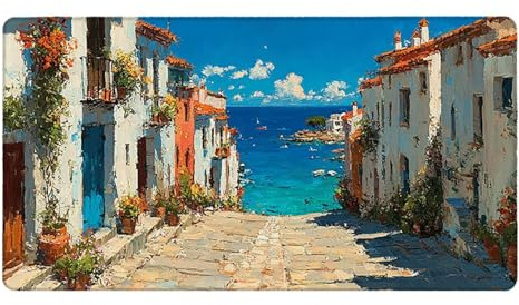 Tapis de Souris Gaming XXL (900x400mm) - Grand Tapis Bureau Antidérapant Étanche Bords Cousus Caoutchouc Naturel pour Gamer PC Portable Bureau - Précision Vitesse Confort Vue sur la Rue mer G-402