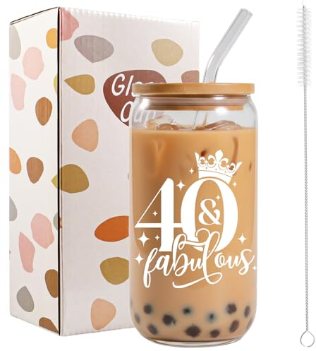 Bliceon 40th Birthday Gifts for Women, 40th Birthday Iced Coffee Cup, 16oz Glass Cup with Lids and Straws for Women, Best Friend, Girlfriend, Wife, Mum