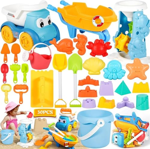 GUHAOOL Juguetes Playa, 30 Piezas Juguetes de Playa para Niños con Cubo, Moldes de Arena, Rueda de Agua,Camión de Arena, Palas y Bolsa de Malla, Juguetes Arena Juegos de Playa para Bebe 2 3 4 5Años