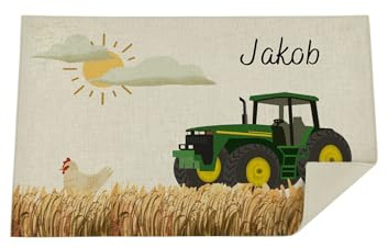 Bärenfreunde Kinder Platzdeckchen personalisiert, Platzset, abwaschbare Tischuntersetzer, Platzdecke Stoff Baby, Untersetzer mit Design lustig und Namen (Traktor)