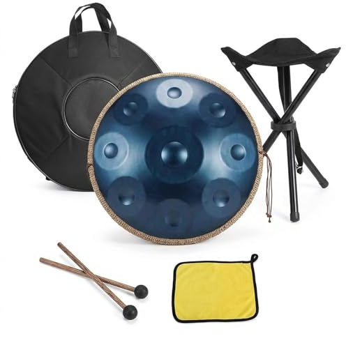 Handpan 55cml für Yoga und Meditation, Nitrierte Stahl Trommel 9 Noten D-Moll, 432Hz Perkussion Instrument mit Softcase, Ständer, Schlägel, Tuch(Blau,432HZ/12Note)