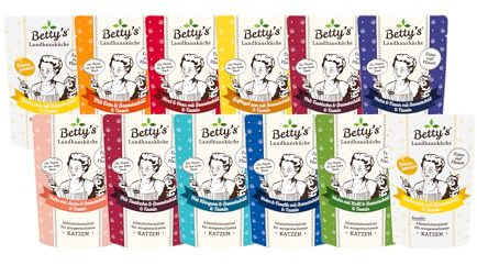 arelf Bundle Betty’s Landhausküche Adult Mixpaket 12 x 100g Frischebeutel | Katzen Nassfutter | Mind. 6 Sorten garantiert (11 möglich) | mit Taurin & Borretschöl