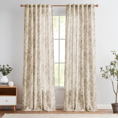 TOPICK Floral Gardinen Leinenoptik Vorhänge H245xB140 2er Set Taupe Beige | Lichtdurchlässig Gardinen Wohnzimmer boho landhausstil blickdicht Vorhänge Schlafzimmer Curtains Living Room fenstervorhang