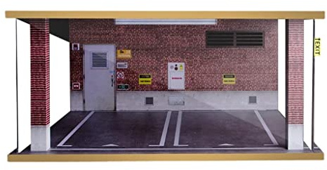 TTETTZ Garage in Legno Illuminato a LED per Modellini di Auto in 1:18, Muro di Mattoni Rossi