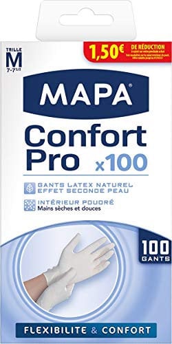 MAPA - Confort Pro - Boite de 100 gants fins de ménage en latex et intérieur poudré - Extrêmement confortables et souples - Taille M