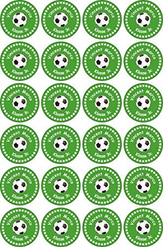 INDIGOS UG Namensaufkleber Kinder Schule rund - 30x30 mm - 012 - Fußball - Set von 24 Aufkleber selbst gestalten Wunschtext - Büro, zu Hause - Hefte, Federmappen, Ordner