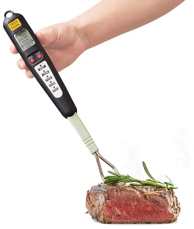 80-09 Digital Meat Instant Read Thermometer with LED Screen and Ready Alarm, Kitchen Probe with Long Fork for Grilling, Barbecue and Cookin, l, white1