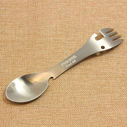 PSKOOK Spork Outdoor Löffel Gabel Messer Flasche Dosenöffner Camping Edelstahl Besteck Reisen Funktionelle Essen Multi-Tool Utensil (Silber)