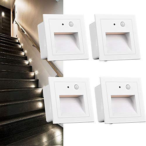 Lampada da parete a LED, per scale, con sensore di movimento, quadrate, in alluminio, 230 V, 3 W, bianco, Set da 4