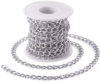 Rollo de cadena trenzado sin soldadura de aluminio plateado para collares, joyas, accesorios y manualidades - 5 m - 10 x 6,5 mm