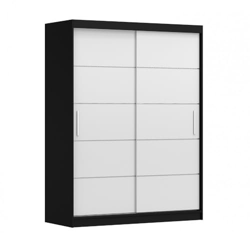 MOEBLO Kleiderschrank Schwebetürenschrank 2-türig Schrank mit vielen Einlegeböden und Kleiderstange Gaderobe Schiebtüren BxHxT 150x200x61 - Lara 6 (Schwarz + Weiß)