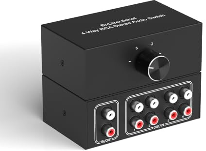 Dingsun RCA Stereo Audio Switch, Bi-Directional 4-Way, 4 Input 1 Output or 1 Input 4 Output, for CD, DVD, Blu-ray Players, Active Speakers
