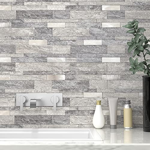 VAOVI Piastrelle da parete per cucina e metropolitana, mosaico lineare, impermeabile, per bagno e doccia, 10 pezzi, grigio