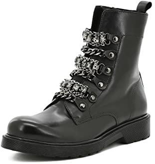 QUEEN HELENA Stivali Anfibi di Pelle Stivaletti con Lacci Plateau Casual Comodi Invernali Donna QH2358 (Nero, Numeric_36)