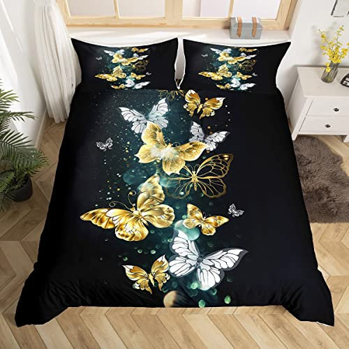 Homemissing Parure Papillon de Lit 200x200cm Enfant Parure Papillons Or et Blanc Housse de Couette Motif Animal Volant Housse de Couette Black Room Decor Luxe