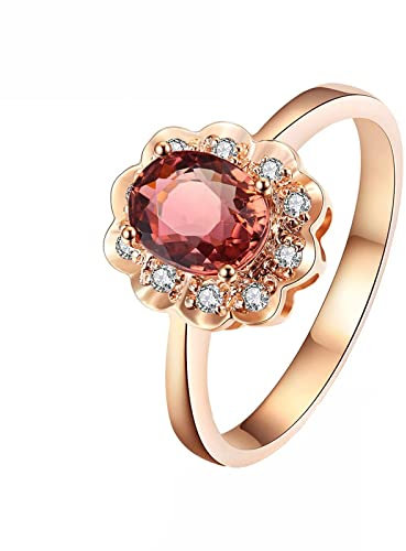 AmDxD Women's 18K Rose Gold Engagement Ring with Champagne Flower Tourmaline 1.27ct with White Diamond 0.1ct, 61.5, 18K Rose Gold, Tourmaline
