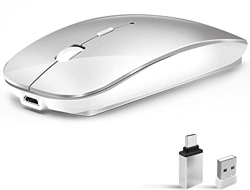 Ratón inalámbrico para laptop, mouse Bluetooth para MacBook Pro/Air/Mac/iPad/Chromebook/computadora, modo dual recargable (USB 2.4 GHz + Bluetooth 5.2+ Bluetooth 3.0) mouse inalámbrico silencioso con
