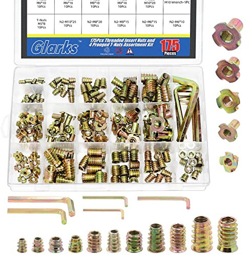 Glarks 175Pcs M4 M5 M6 M8 M10 Threaded Insert Nuts Kit Including 7 Sizes Hex Socket Screw Inserts and 6 Sizes T-Nuts 4 Pronged Tee Blind Nuts with Hex Wrenches for Wood, Cabinet, Furniture