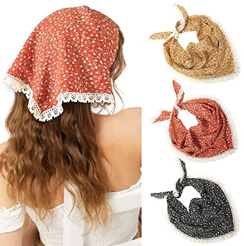 Molans Kopftuch mit Blumenmuster, Chiffon, Halstuch, Halstuch, Vintage, Boho, Haarschal für Damen und Mädchen, 3 Stück, Braun/Rot/Schwarz, 3 Count (Pack of 1)