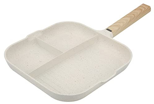 3-teilige Pfanne, Geteilte Bratpfanne Antihaft-3-in-1-Pfanne mit Holzgriff für Frühstücksei-Speck-Burger, Beige