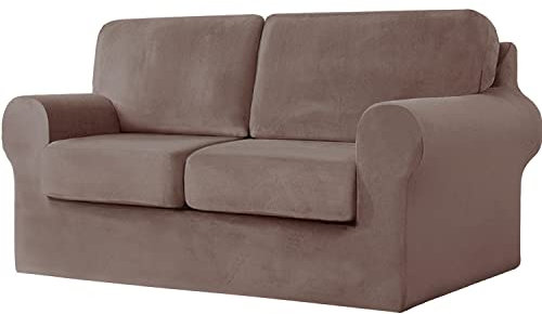 jianyana High Stretch Sofabezug, 1/2/3 sitzerSamt Elastisch Sofa Überwürfe Sofabezug mit Gummizug Einstellband (Taupe,2-Sitzer-5PCS)