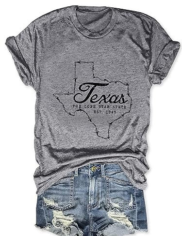 Vintage Texas T-Shirt 1845 Damen Sommer Lustige Lässige Karte Grafik Tees Kurzarm Tops, GRAU, X-Groß